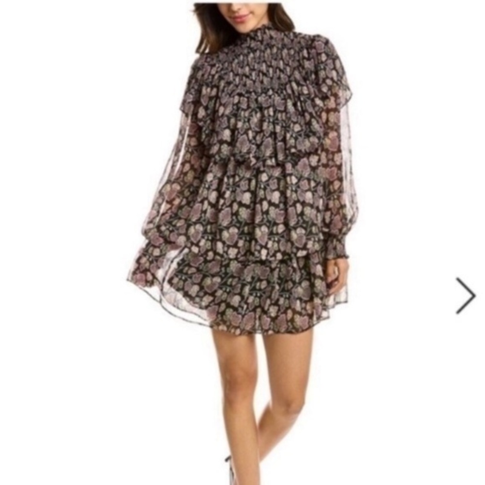 ✅ Cinq A Sept Dress Drew Georgette Mini Tiered Ruffle Long Sleeve